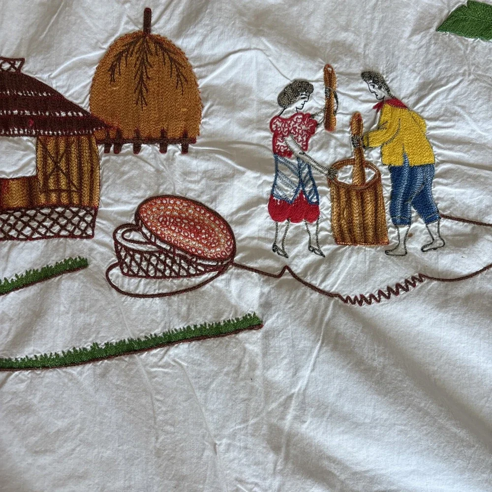 Rare Vintage Embroidered Island Scene 81x76 Bedsheet ART Flowers‎ Palms Mountain